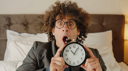 A curly-haired young man in a suit overslept for work, sitting in bed, screaming in horror and pointing at the alarm clock, which shows ten to eleven.