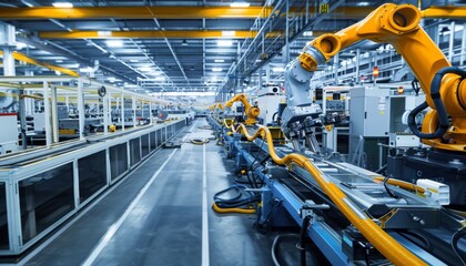 High-tech factory floor featuring robotic arms and autonomous mobile robots (AMRs) controlling assembly lines