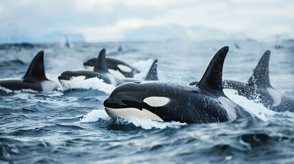 Fototapeta premium A group of killer whales swimming together in the deep blue sea, hunting for prey.