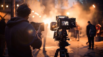 Fototapeta premium Cameraman recording with professional camera on