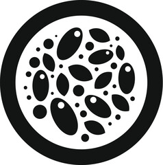 Black and white icon of a passion fruit cut in half showing seeds and juicy flesh