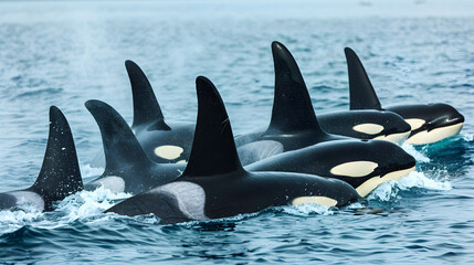 Fototapeta premium A group of orcas working together to hunt in the expansive blue ocean waters.