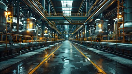 Obraz premium Industrial Factory Interior with Pipes and Catwalks