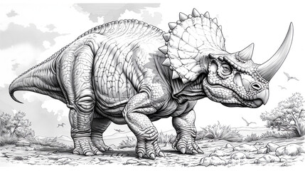 Fototapeta premium Black and white illustration of a pachyrhinosaurus dinosaur in a prehistoric mountainous landscape