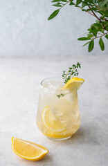 Mojito cocktail with fresh lemon, mint and ice. Refreshing citrus lemonade drink on a light background with leaf.
