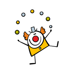 Hand drawn cheerful red-haired clown performs in a circus or theater. Cartoon vector illustration of an artist showing act on a performance. Doodle man is juggling balls.