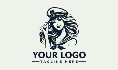 Woman nautical vector logo smiling woman in a sailor hat and lowcut top with long hair. Ideal for nautical or retro fashion themes.