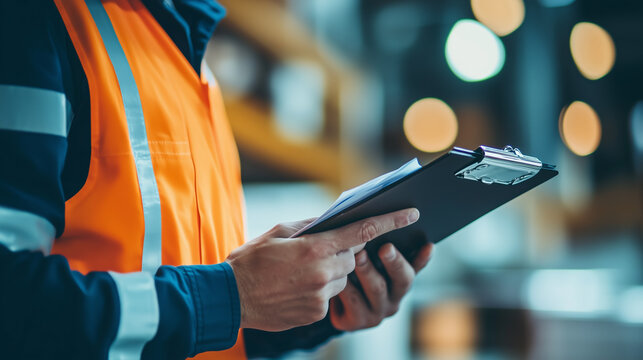Worker in safety vest checking clipboard in warehouse
