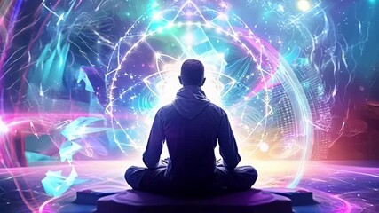 A man is sitting in a lotus position in front of a colorful circle. The circle is surrounded by a purple and blue sky. The man is meditating and is in a peaceful state - Powered by Adobe