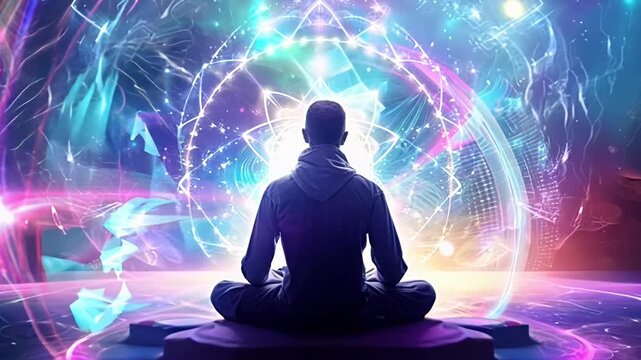 A man is sitting in a lotus position in front of a colorful circle. The circle is surrounded by a purple and blue sky. The man is meditating and is in a peaceful state