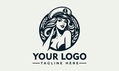 Woman nautical vector logo smiling woman in a sailor hat and lowcut top with long hair. Ideal for nautical or retro fashion themes.