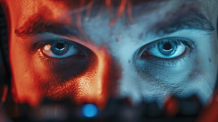 Naklejka premium gamer's intense focus captured in a tight shot, eyes barely blinking as they navigate a critical game level,