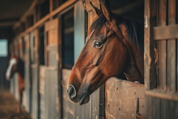 Fototapeta premium Brown horse in stall with care attributes