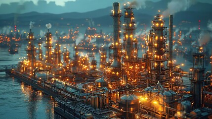 Fototapeta premium Industrial Complex at Dusk: A View of a Lit Refinery