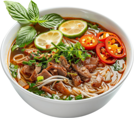 A bowl of steaming noodle soup with meat, vegetables, and lime wedges.