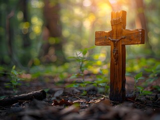 Rustic Wooden Cross in Serene Forest Landscape Dappled Sunlight Filtering Through Trees Tranquil Place of Reflection