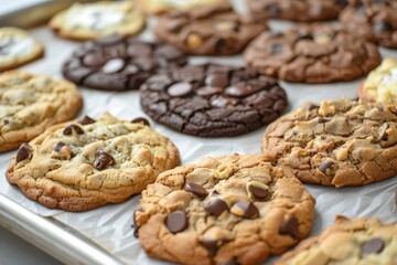 Close up of assorted freshly baked cookies on tray with parchment paper
