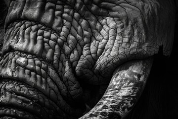 Close up of elephant tusk and skin in black and white