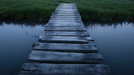Fototapeta premium Decayed wooden bridge, missing planks, over a stagnant pond