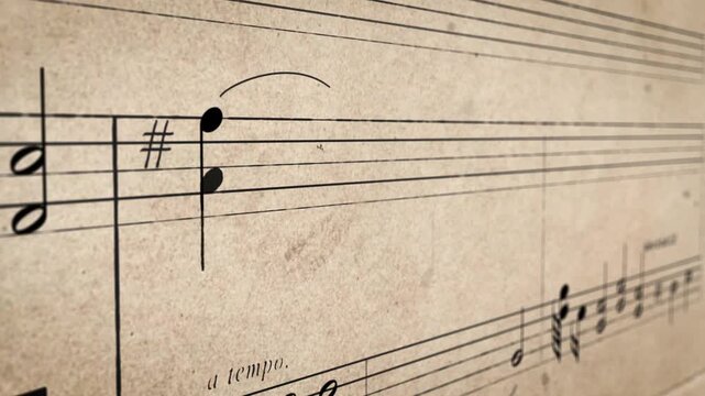 Notes on staves gradually appear on music score paper in animation, depth of field, concept background for musical content