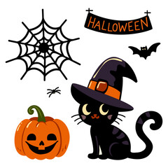 Halloween Icons Collection. Black cat with magic hat, bat, spider web, spider, pumpkin, sign with Halloween text. Vector, isolated on white background