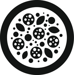 Simple vector icon depicting a pizza with salami and basil leaves on a white background