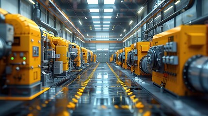 Obraz premium Industrial Factory with Rows of Yellow Machinery
