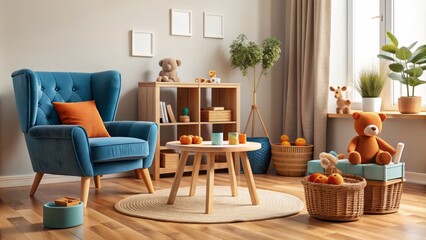 Inviting kids' room interior features a wooden table, plush velvet blue armchair, wooden blockers, toys, and wicker basket, amidst warm orange hues and cozy decor.