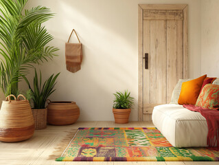 Bohemian Living Room Interior Design with Colorful Rug