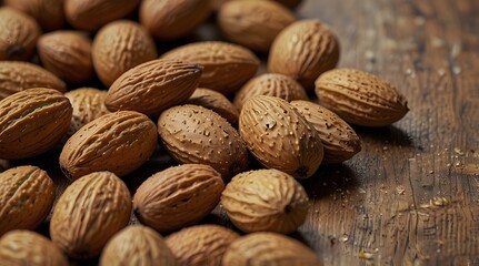 Close-up image of a pile of almonds, background of almonds arranged in a random pattern.