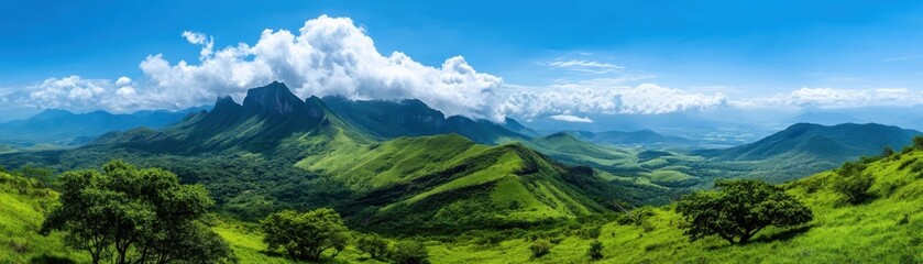 Breathtaking panoramic view of lush green hills under a clear blue sky with fluffy clouds, ideal for nature enthusiasts.