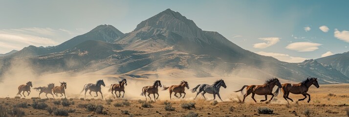 A herd of wild mustang horses gallop rustically at a powerful gallop across a dusty fields against a majestic mountain peak. Dust are everywhere