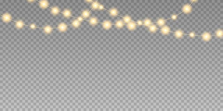 Christmas lights isolated on a transparent light background. Set of golden Christmas glowing garlands. Vector illustration	