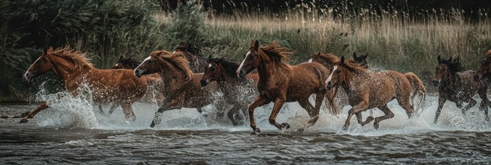 A herd of wild mustang horses gallop rustically at a powerful gallop across a shallow river
