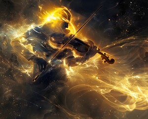 A fiery figure plays a violin amidst a swirling cosmic backdrop. The music evokes a passionate and powerful energy.