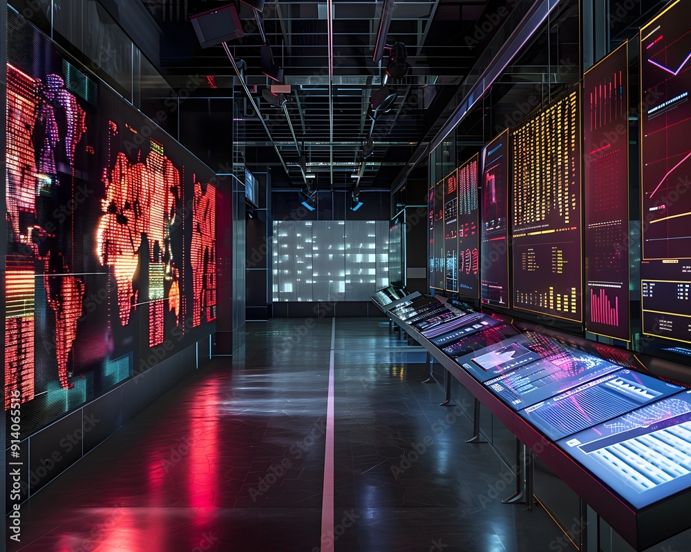 Poster a futuristic control room with glowing screens displaying data and graphs, showcasing a technologica