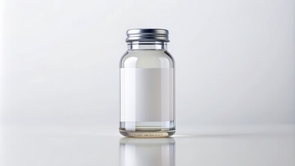 Isolated small glass bottle with blank white label on a white background, perfect for product packaging mockup or brand design template.