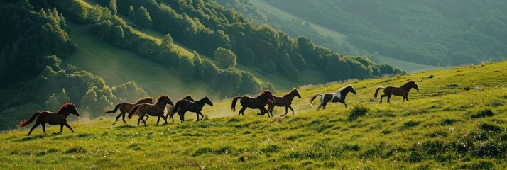 A herd of wild mustang horses gallop on a beautiful green hill in the mountains