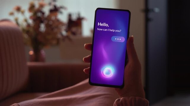 Smart virtual assistant on smartphone. AI voice assistant app for mobile phone. Fictional Interface.