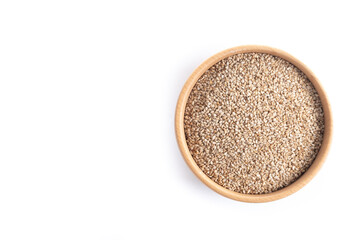 Rolled oats, healthy breakfast cereal oat flakes in bowl isolated on white background. Top view. Copy space