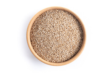 Rolled oats, healthy breakfast cereal oat flakes in bowl isolated on white background. Top view