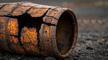Rusting metal barrel, dents and holes, lying in an empty lot