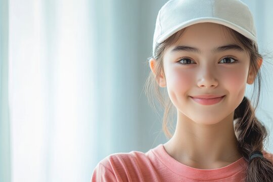 Portrait of a Smiling Girl Wearing a White Cap