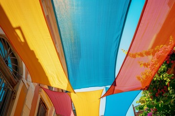 Colorful sun shade sail with UV protection fabric suspended from city walls providing sun protection in old city street Summer holiday theme