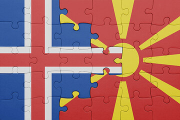 puzzle with the colourful national flag of macedonia and flag of iceland .