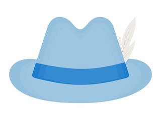 Blue hunter hat with feather. Oktoberfest and father's day hat isolated on transparent and white background. Close-up element for holiday design decoration. Vector cartoon illustration. Beer festival.