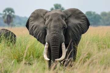 Curved tusked bull elephant facing camera