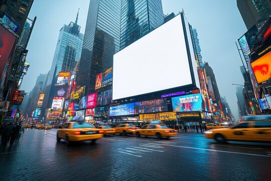 Large Blank Billboard in Times Square with Yellow Cabs