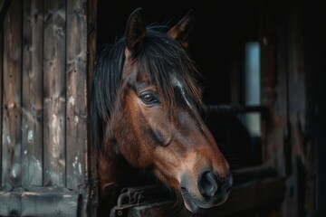 Dark stable background features horse portrait