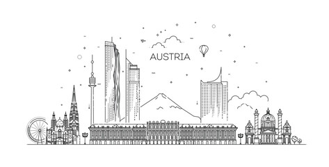 Fototapeta premium Vienna, Austria architecture line skyline illustration. Linear vector cityscape with famous landmarks